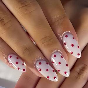 lot 9567 image: Press on Nails Medium Almond MABKJLF Fake Nails White False Nails with Red Polka Dots Designs Full Cover Glossy Glue on Nail Acrylic Nails for Women Girls 24Pcs