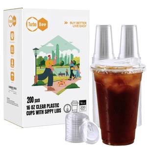 lot 9577 image: Turbo Bee 16 OZ 200 Sets Clear Plastic Cups with Strawless Sip Lids, To Go Crystal Clear Disposable Plastic Cups with Lids for Iced Coffee, Smoothies, Soda, Lemonade, Cold Beverage