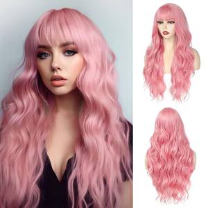 lot 9592 image: Angzon Pink Wig With Bangs Long Wavy Wigs for Women 26 Inch Curly Wavy Wig With Bangs Natural Looking Synthetic Heat Resistant Fiber Wig for Daily Party Use