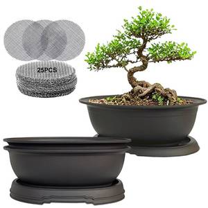 lot 9597 image: MUZHI 3 Pack Oval Bonsai Training Pot with Drainage Tray, Matte Finish Nursery Plastic Bonsai Planter with 25PCS 2inch Mesh pad (5.2 Small)