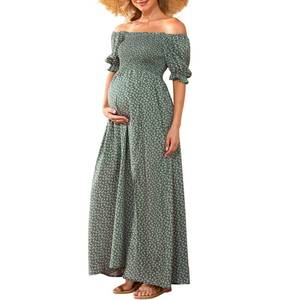 lot 9604 image: Floral Off Shoulder Maternity Dress Puff Sleeve Smocked Boho Photoshoot Baby Shower Pregnancy Dresses Green S