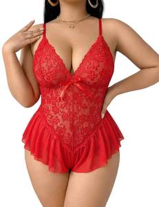 lot 9607 image: Avidlove Valentines Plus Size Women Teddy Lingerie One Piece Babydoll Bodysuit Lace Lingerie for Women Sheer Mesh Red 16W