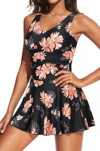 lot 9608 image: Yonique One Piece Swimsuits for Women Modest Tummy Control Swimdress Vintage Bathing Suits Skirt Swimwear Pink Flowers L