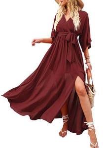 lot 9609 image: ANRABESS Womens 12 Sleeve Beach Wedding Guest Maxi Dresses 2026 Summer Wrap V Neck Boho Floral Flowy Slit Long Dresses red X-Large