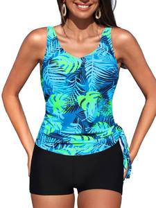 lot 9612 image: Summer Mae Womens Tankini Swimsuits Side Tie 2025 Two Piece Bathing Suits Tummy Control Modest Swim Tank Top with Pockets Shorts Blue Ground with Leaves Size 14