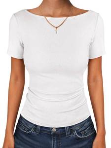 lot 9614 image: ANRABESS Womens Boat Neck Short Sleeve Top, Ribbed Knit Fitted T Shirts, All-Day Comfy for Work, Daily & Summer Tee Shirts White Small
