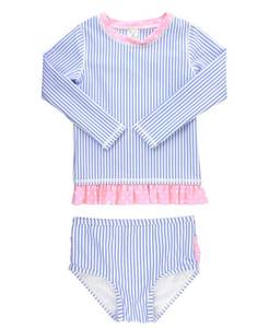 lot 9616 image: RuffleButts BabyToddler Girls Periwinkle Seersucker Long Sleeve Rash Guard Bikini - 12-18m