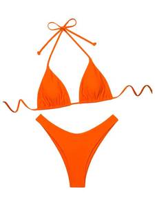 lot 9619 image: GORGLITTER Womens High Waisted Thong Bikini Set Halter Triangle Tie Back Swimsuit Bathing Suit Orange Large