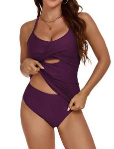 lot 9621 image: ZAFUL Women Tankini Swimsuits 2025 Two Piece Tummy Control Bathing Suits with Tankini Shorts Vintage Ruched Cut Out Swimwear Purple S