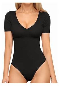 lot 9617 image: MANGOPOP Double Lined Short Sleeve Bodysuits for Women Deep V Neck Thong Bodysuit Tops Seamless, X-Large, 01 Black