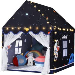 lot 9639 image: Wilwolfer Space Kids Tent Indoor with Mat, Star Lights - Rocket Ship (Black)
