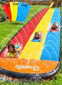 lot 9645 image: JAMBO Premium Triple Water Slide with 3 Bodyboards, 20ft Heavy-Duty Slip