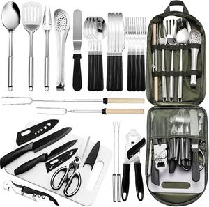 lot 9646 image: Portable Camping Kitchen Utensil Set - 27-Piece Stainless Steel Cookware Kit