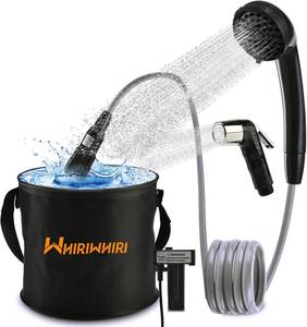 lot 9651 image: Portable Camping Shower Pump Rechargeable Battery 2-Head Collapsible Bucket