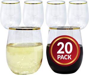 lot 9665 image: Reli. 12oz Disposable Wine Glasses, Gold Rim, Stemless (20 Pack)