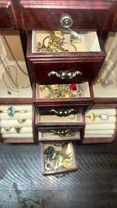 lot 19 image: Wooden Jewelry Box with Assorted Jewelry Collection