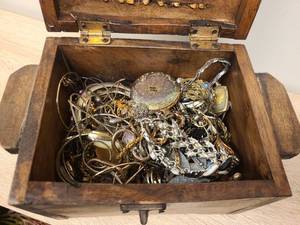 lot 43 image: Wooden Jewelry Box with Mixed Jewelry Collection