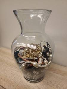lot 60 image: Mixed Costume Jewelry Collection in Glass Vase