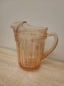 lot 74 image: Pink Depression Glass Pitcher with Ribbed Pattern