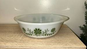 lot 102 image: Federal Glass White Milk Glass Casserole Dish with Green Floral Pattern Glassbake 2qt