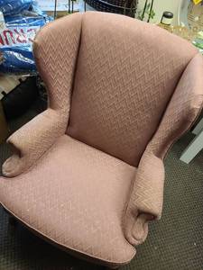 lot 142 image: Pink Wingback Accent Chair with Chevron Pattern
