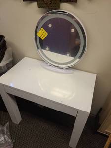 lot 144 image: White Vanity Desk with LED Round Mirror