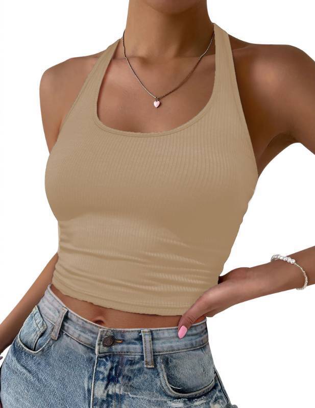 lot 9888 image: Ekouaer Women Halter Top Backless Scroop Neck Slim Stretchy Ribbed Knit Camisole Crop Tops Pink L