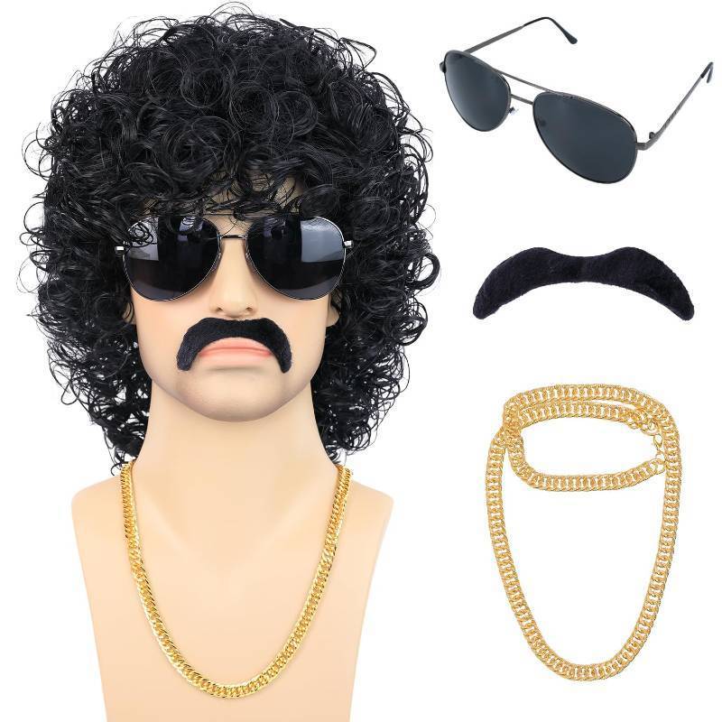 lot 3076 image: Bettecos 80s Short Black Curly Wig for Men with Mustache Glasses and Chain 70s Mullet Wig with Curl for Rocker Halloween Costume Cosplay