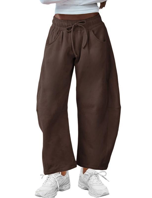 lot 3099 image: SeekMe Womens Barrel Leg Sweatpant Drawstring Elastic Waisted Wide Leg Pants Casual Cotton Palazzo Trousers with Pockets (0009-DarkBrown-M)