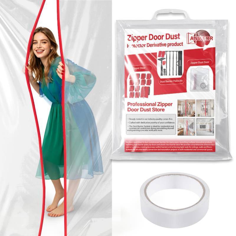 lot 3149 image: 2- Pack Dust Barrier Plastic Zipper Door,4 FT x 7.2 FT Heavy-Duty Door Dust Protection Kit for Construction,Remodeling, Painting &amp Drywall Work, Easy Install &amp Removal,Includes 3 cm x 10 m Gaffer Tape