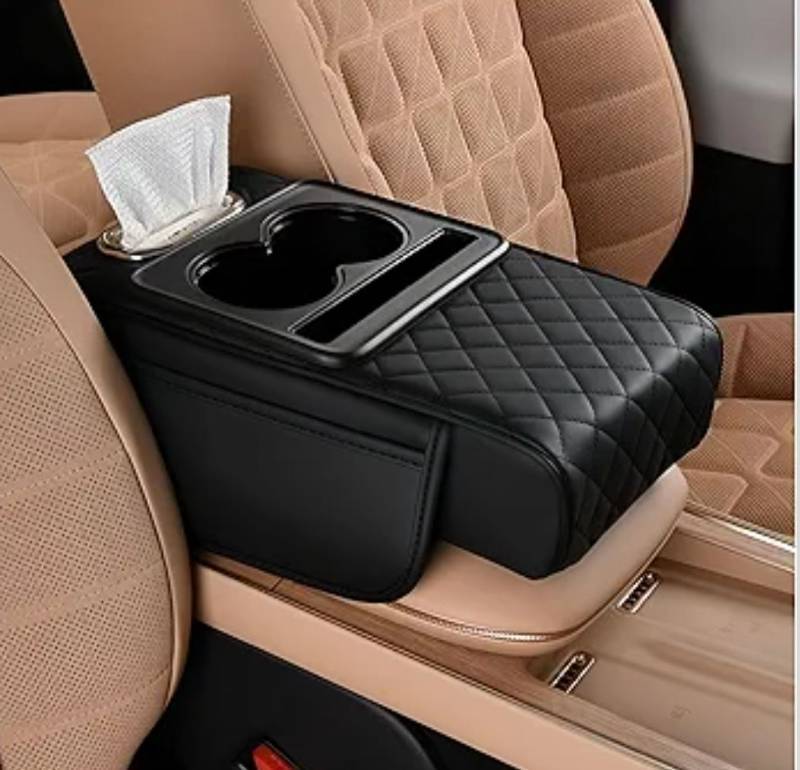 lot 2135 image: Car Center Console Armrest Pillow, Memory Foam Leather 4 in 1 Vehicle Arm Rest Cover with Tissue Box 2 Side Storage Bag Cup &amp Phone Holder, Auto Armrest Cushion, Universal Fit (Black)