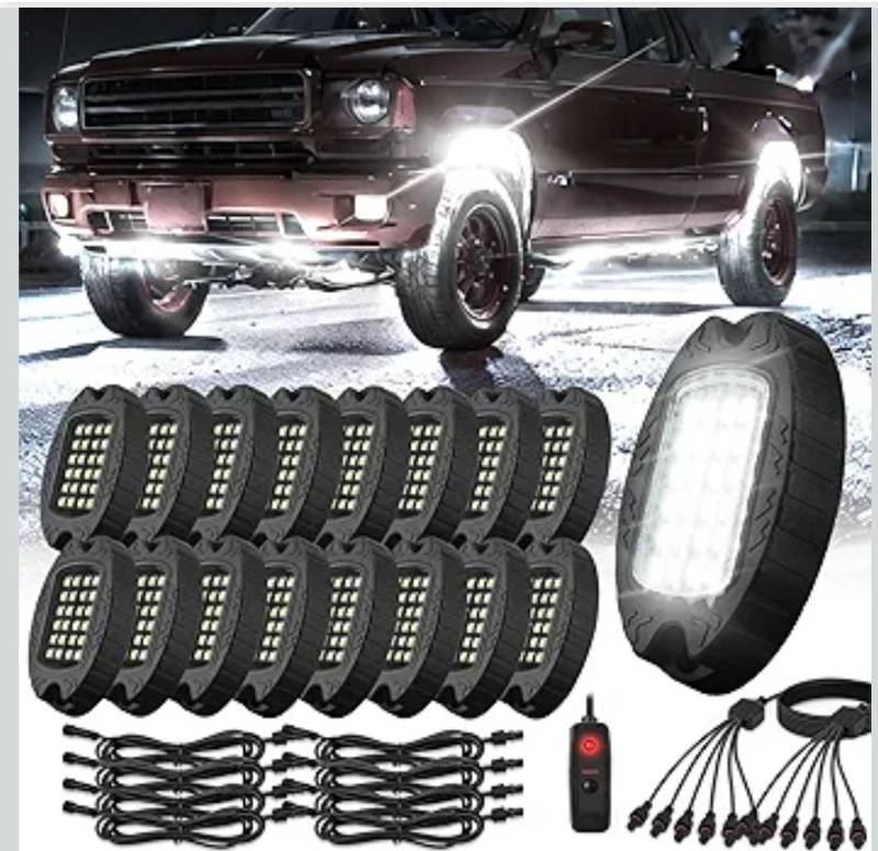 lot 9551 image: 16 Pods Alloy Pure White LED Rock Lights for Semi Trucks Trailer Pickup Offroad, Plug and Play with Pre Wired Harness&ampSwitch, 384-LEDs 6500K Aluminum Metal Underglow Kit 12V Waterproof Shockproof