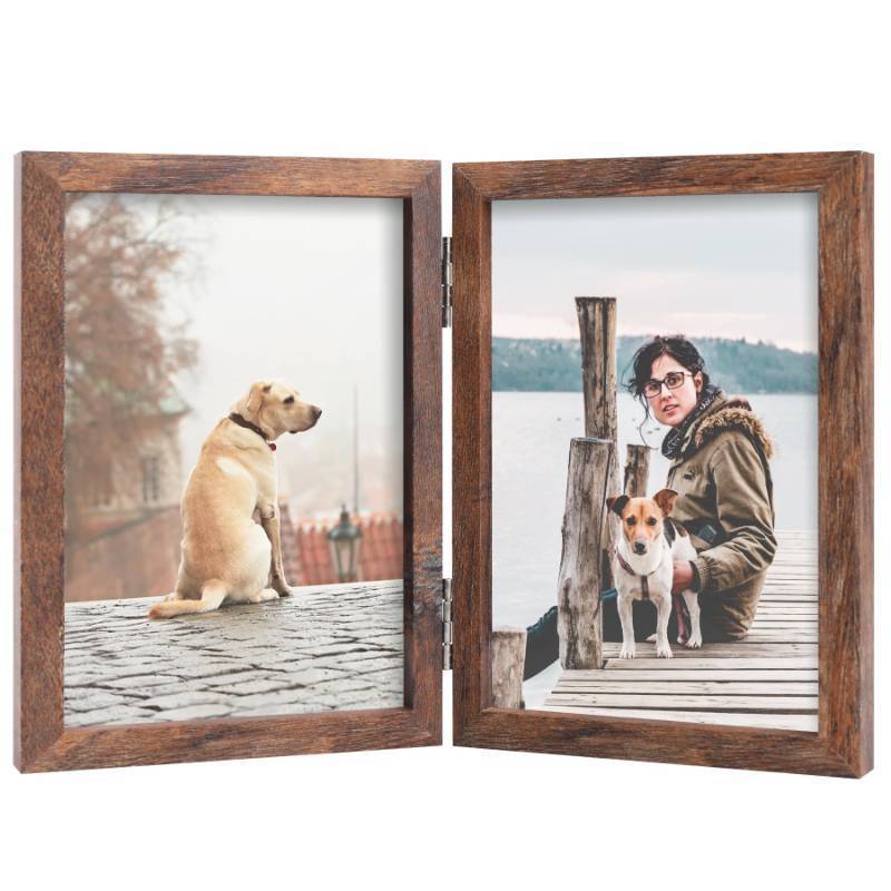 lot 2741 image: FOREV 5x7 Double Picture Frame Wooden Hinged Photo Frame Definition Glass Stand Vertically on Desktop or Tabletop Rustic Wood
