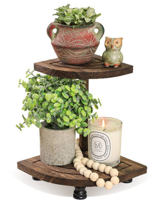 lot 7615 image: Tikea Decorative Wood Riser for Display, 2-Tier Rustic Corner Shelf for Kitchen Bathroom Counter Decor, Farmhouse Riser for Soap Dispenser and Plant (Brown)