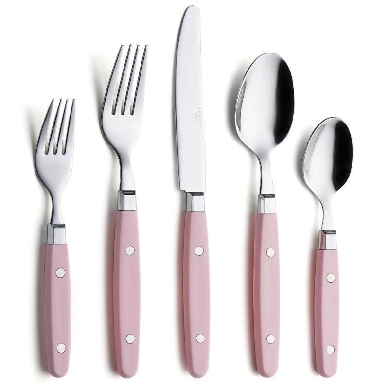 lot 8222 image: ANNOVA Silverware Set, RetroRivet Colorful Stainless Steel Tableware Kitchen Flatware Set Utensils, Includes Dinner Knives, Forks, Spoons, Salad Forks &amp Dessert Spoons (Light Pink, 20 Pieces)
