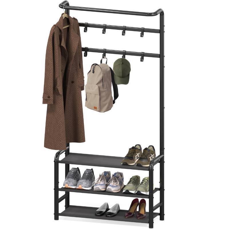 lot 8338 image: Simple Houseware Coat Rack with Storage Shelf, Freestanding Hall Tree with Hooks for Entryway, Bedroom, Office, Black Metal Clothes Hanger Stand for Coats, Hats, Jackets, Bags - Black