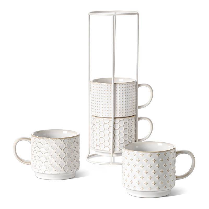 lot 6619 image: LE TAUCI Stackable Coffee Mugs Set with Stand, Ceramic Embossment Coffee Cups for Au Lait, Cappuccino,Latte,Cafe,Mocha,Tea, Suit For Housewarming Wedding - 12 oz, Set of 4,Arctic white
