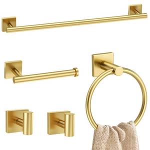 lot 1188 image: 5 Pieces Brushed Gold Bathroom Hardware Set Towel Bar Set Stainless Steel Wall-Mounted Bathroom Accessories Set 23.6 Inch Towel Racks for Bathroom