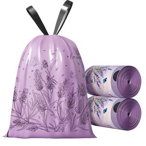 lot 1213 image: 100pcs 2.6 Gallon Small Trash Bags Tearing-Free Drawstring for Bathroom Office Home Bedroom Trash Can with Purple Lavender Printed Garbage Basket Bags (2.6 Gallon Purple, 100 Count)