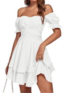 lot 1218 image: LYANER Womens Tie Back Off Shoulder Wrap Layer Ruffle A Line Short Sleeve Casual Mini Dress Solid White Medium