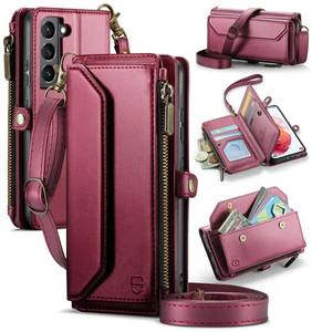 lot 1234 image: Strapurs Crossbody Wallet Case Compatible with Samsung Galaxy S21 5G RFID Blocking Card Holder Soft PU Leather Magnetic Snap Shoulder Strap Zipper Pocket Phone Case Fit for Galaxy S21 6.2 - Wine Red