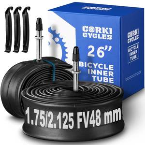 lot 1245 image: Corki Cycles 26 Inch Mountain Bike Tire Inner Tube 26 x 1.75 1.85 1.9 1.95 2.0 2.1 2.125 Presta Valve 48mm, Heavy Duty Butyl Rubber 26in MTB Bicycle Tube Replacement 2 Pack