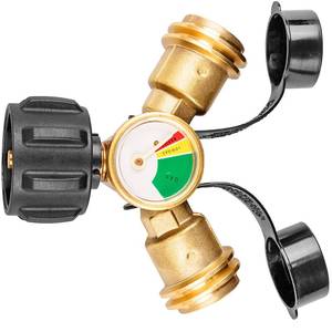 lot 1268 image: Propane Tank Splitter with Gauge, Propane Splitter 2 Way, Propane Y Splitter Adapter with Shut Off Valve, Propane Hose Splitter Manifold for Camping Stoves, Heater, BBQ Grills, Gas Burners and More