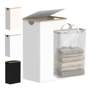 lot 1295 image: efluky Laundry Hamper with Lid, 100L Tall Laundry Basket with Bamboo Handles for Clothes and Toys, Collapsible Laundry Hamper with Inner Bag for Bedroom and Bathroom, White