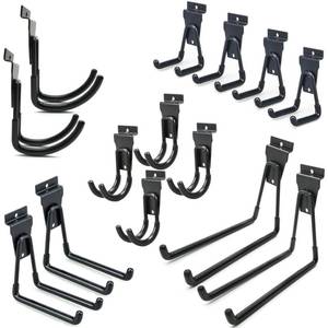 lot 1328 image: ATOOLA Slatwall Hooks 14 Pack, Heavy Duty Garage Wall Organizer, Multi-Size Hanging Hooks Compatible with Proslat, StoreWALL and HandiWall