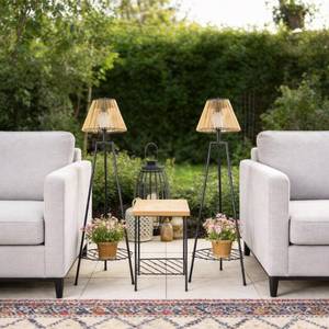 lot 1349 image: DJGIFI 2 Pack Outdoor Solar Floor Lamp, 36 Solar Lights Outdoor Waterproof with Plant Stand, Dusk to Dawn, Warm Yellow Light, Black Metal Stand for Deck Porch Patio Garden Decor