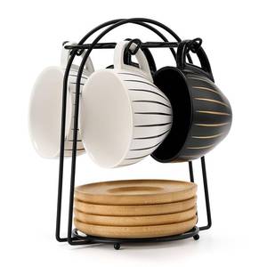 lot 1350 image: LUKA Ceramic Demitasse Espresso Cups Set with Saucers and Metal Stand, 8 oz Porcelain Cappuccino Cups Teacup For Tea, Espresso, Latte, Coffee, Cafe Mocha, Set of 4, Stripe White & Black