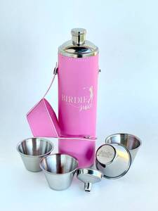 lot 1380 image: Birdie Juice Engraved Birdie Bottle 12oz Pink Flask with 4 Shot Glasses in Cap Stainless Steel with Waterproof Leather Case, Leakproof, Custom Flask