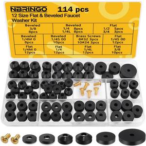 lot 1388 image: NBRINGO 114-Piece 12 Sizes Faucet Washer Assortment Kit - Flat & Beveled Rubber Washers & Brass Bibb Screws for Outdoor Spigot, Hose Bib, Garden Valve Repair Replacement