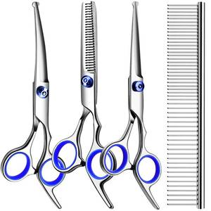 lot 1439 image: TINMARDA Dog Grooming Kit, Professional Stainless Steel Dog Grooming Scissors with Curved Shears, Blue Finger Rings - 4 Piece Sharp Durable Pet Shears for Dogs Cats At Home Salon-Quality Grooming